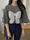 Fluttering into Summer: Women's Butterfly Printed T-Shirt with Bow Tie Decoration