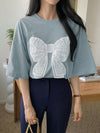 Fluttering into Summer: Women's Butterfly Printed T-Shirt with Bow Tie Decoration