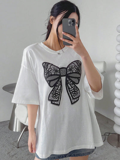 Fluttering into Summer: Women's Butterfly Printed T-Shirt with Bow Tie Decoration