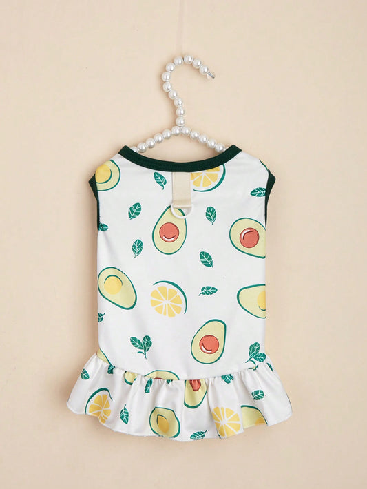 Fruity Fun Pet Dress: Avocado, Lemon, Watermelon, Banana Pattern with Leash Buckle