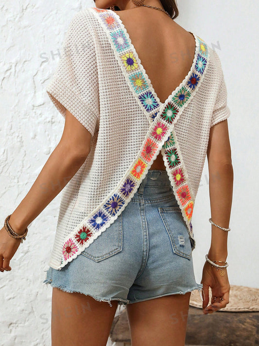 Floral Dream Crochet Knitted T-Shirt with Cross Back Detail