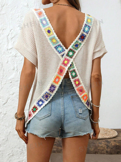 Floral Dream Crochet Knitted T-Shirt with Cross Back Detail