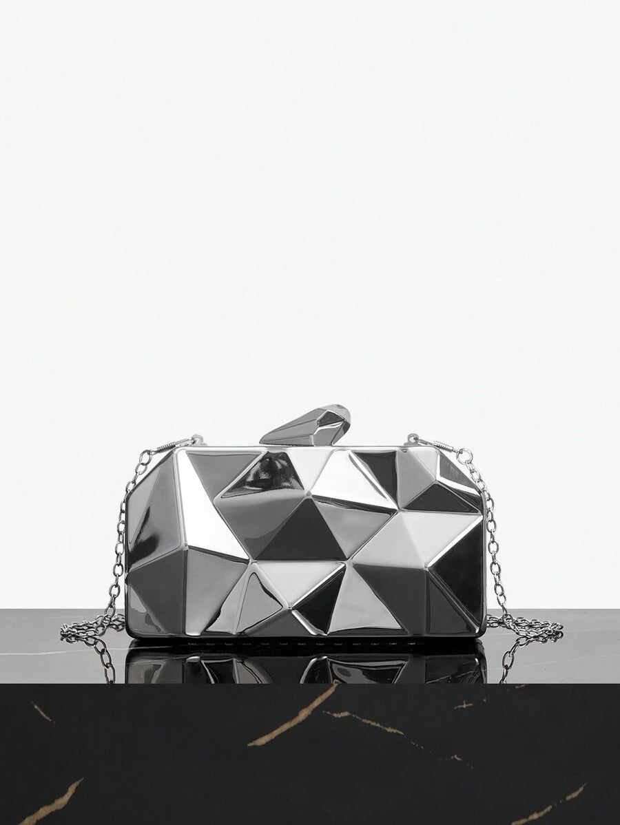 Silver evening clutch bag for cocktail parties front view
