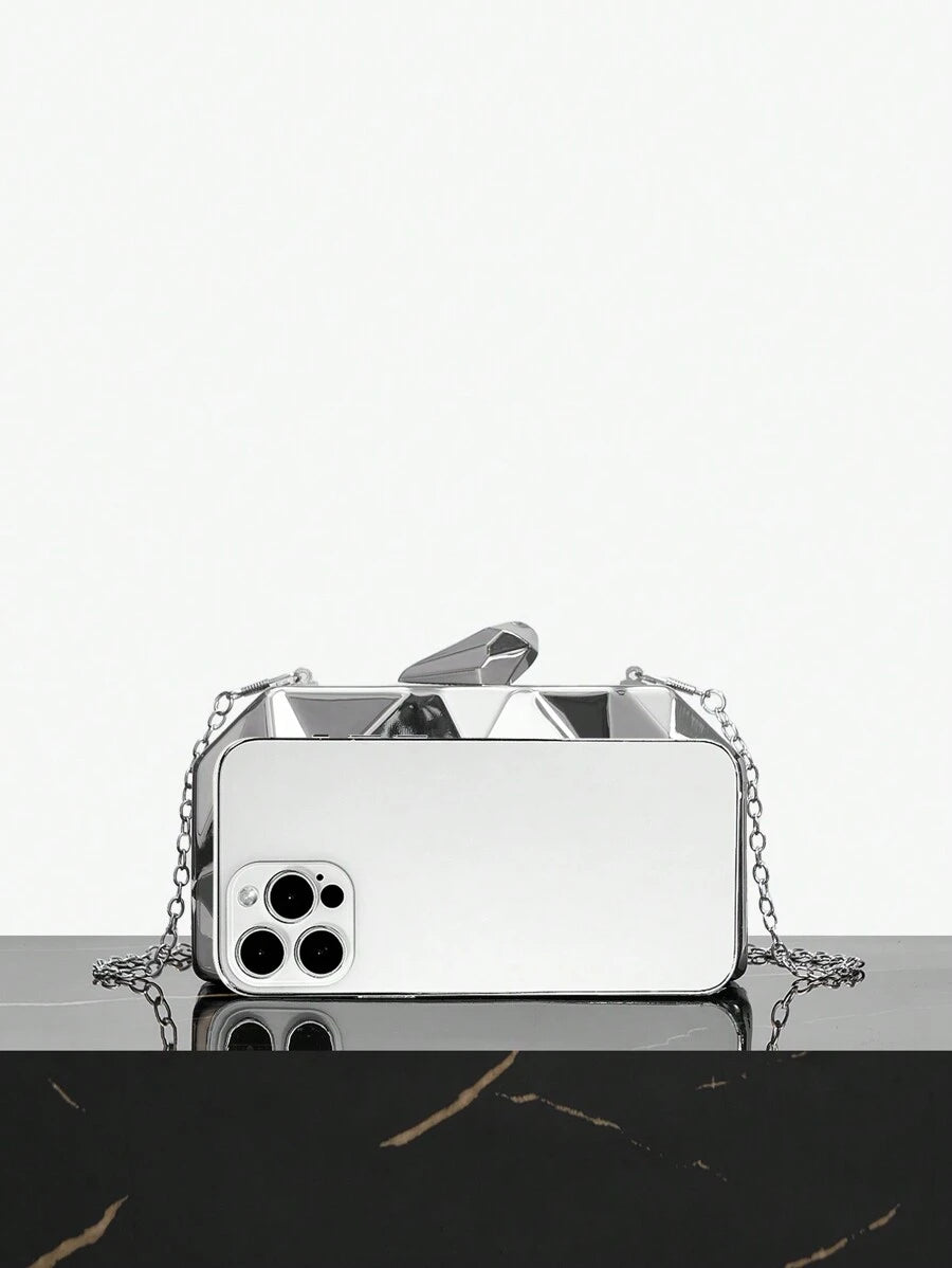 Mini evening bag with kiss lock closure and chain strap