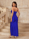 Pleated Perfection: Solid Color Halter Neck Dress with Side Slit