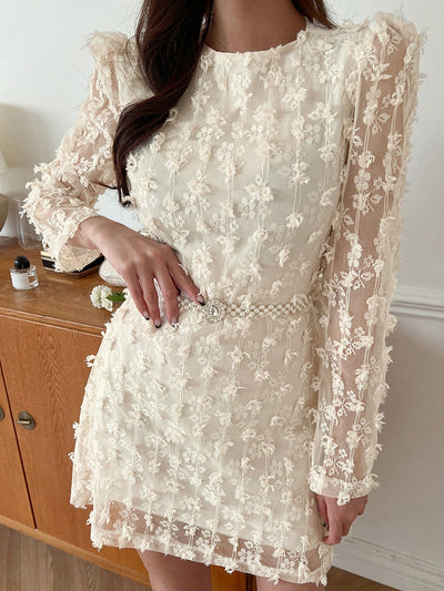 Enchanting 3D Floral Sheer Mesh Long Sleeve Dress for Women