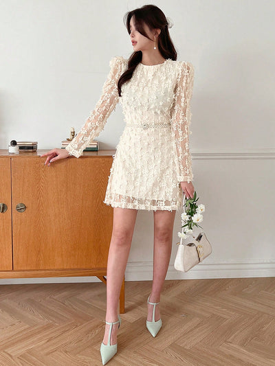 Enchanting 3D Floral Sheer Mesh Long Sleeve Dress for Women