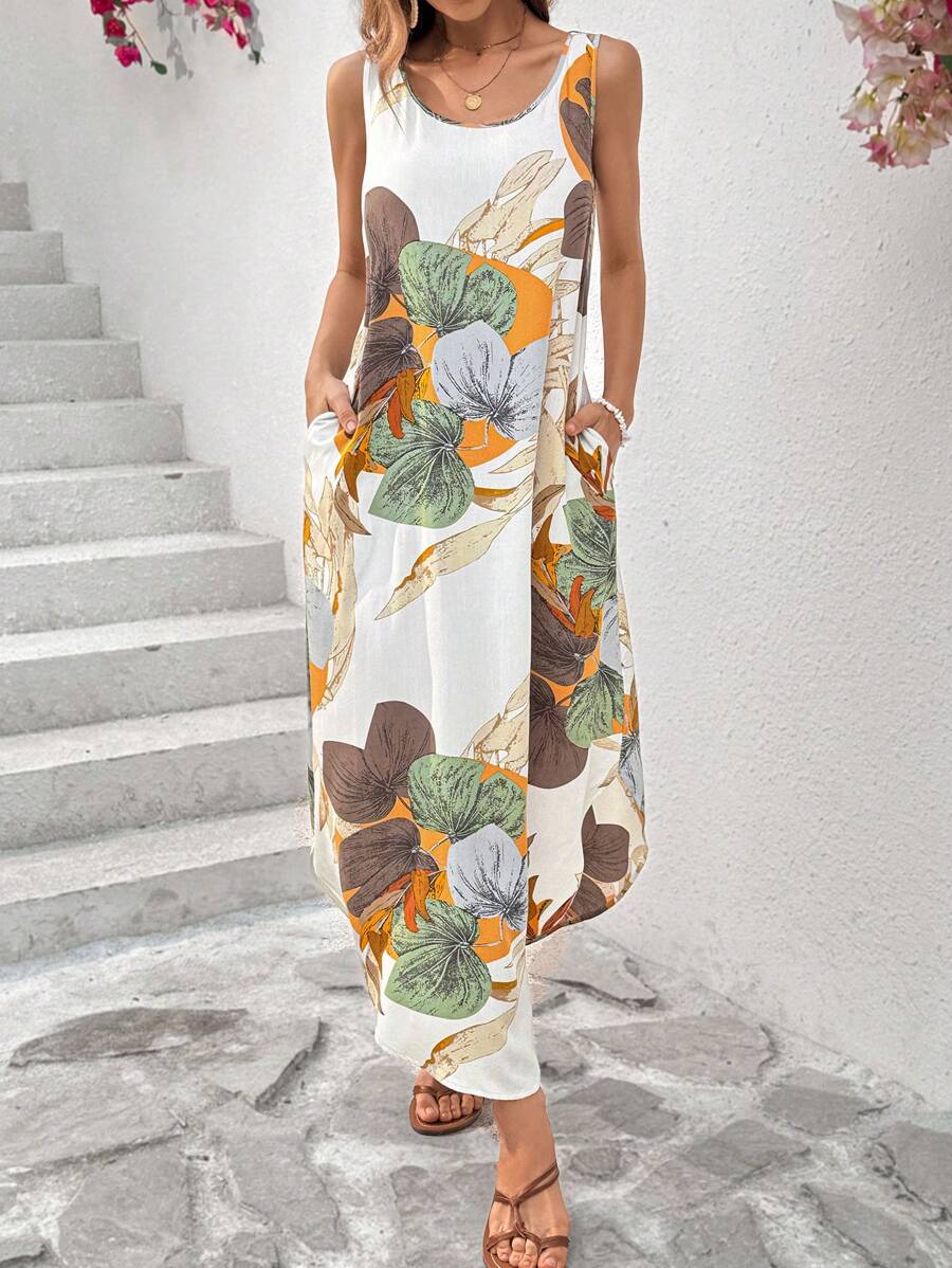 Embrace effortless summer style with this sleeveless tropical print dress. Crafted from 100% viscose woven fabric, it features a flattering scoop neckline, asymmetrical wrap design, and backless silhouette for a breezy boho aesthetic. The mid-rise waist and long asymmetrical hem create a graceful drape, while functional pockets add everyday practicality. Semi-sheer and unlined, this multicolor piece transitions seamlessly from beach days to casual outings. Machine washable for easy care.