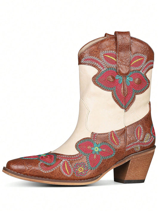 Western Blossom: Women's Embroidered Flower Cowboy Boots with Chunky Heels