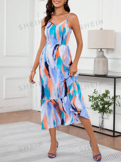 Abstract Elegance: Ruffled Hem Spaghetti Strap Dress