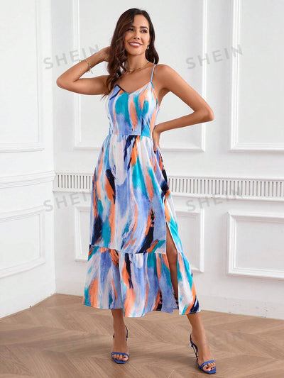 Abstract Elegance: Ruffled Hem Spaghetti Strap Dress