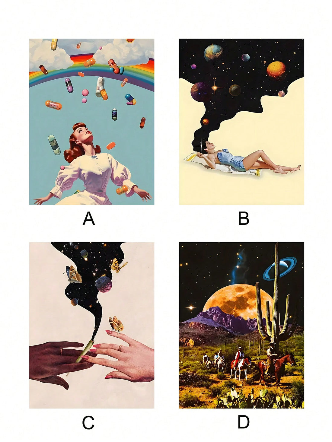 This Retro Starry Night Woman Art Poster depicts a fantasy imagination with double hands crossed. Printed on canvas, this poster is perfect for adding a touch of retro style to any room. Its high-quality print captures every detail, transporting you into a world of wonder and creating a captivating atmosphere.