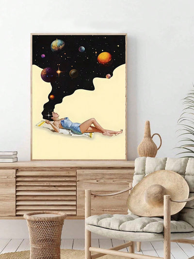 Retro Starry Night Woman Art Poster: Double Hands Crossed Fantasy Imagination Canvas Print