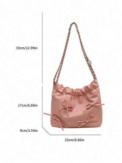 Chic Solid Color Bowknot PU Leather Shoulder Bag: Fashionable Tote for Women and Girls