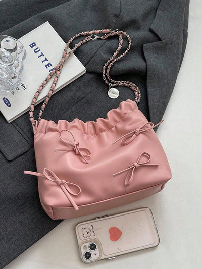 Chic Solid Color Bowknot PU Leather Shoulder Bag: Fashionable Tote for Women and Girls