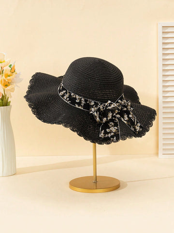 Summer Chic: White Wave Design Sunshade Bowknot Straw Hat for Beach Travel and Holiday
