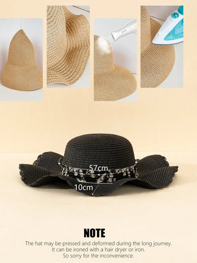 Summer Chic: White Wave Design Sunshade Bowknot Straw Hat for Beach Travel and Holiday