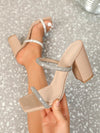 Rhinestone Chic: Apricot High Heel Square Toe Sandals for Height and Slimness