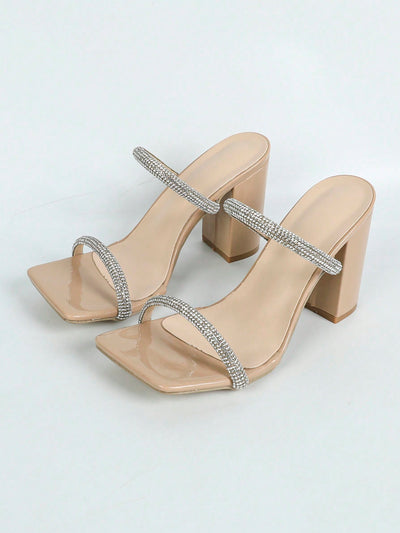 Rhinestone Chic: Apricot High Heel Square Toe Sandals for Height and Slimness