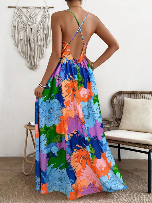 Vibrant Vacation Chic: Flower Printed Spaghetti Straps Backless Dress