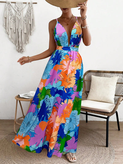 Vibrant Vacation Chic: Flower Printed Spaghetti Straps Backless Dress