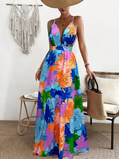 Vibrant Vacation Chic: Flower Printed Spaghetti Straps Backless Dress