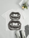 Front flat lay of white punk T-shirt with stacked black lips graphic styled with jeans