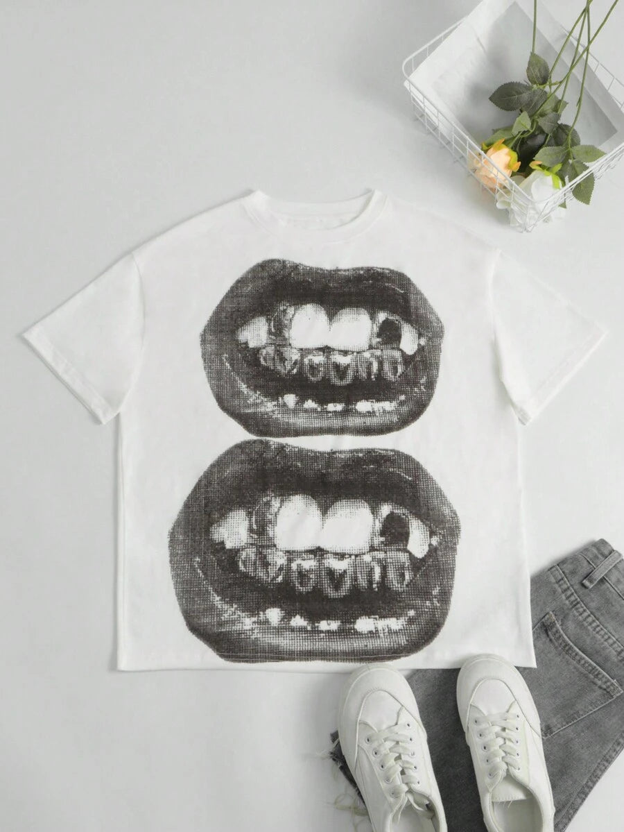 Front flat lay of white punk T-shirt with stacked black lips graphic styled with jeans