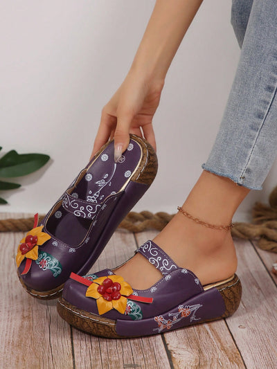 Floral Fantasy: Women's Wedge Mule Sandals with Flower Decor