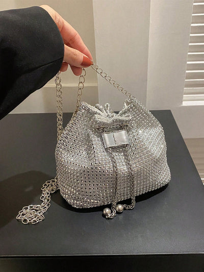 Sparkling Elegance: Glamorous Rhinestone Drawstring Mini Bucket Bag for Bridal & Evening Glam