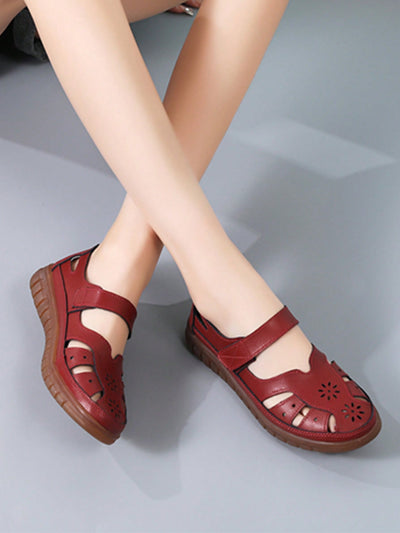 Chic Cowhide Hollow-Out Sandals for Women - Boho Style Comfort and Elegance