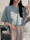 Fluttering into Summer: Women's Butterfly Printed T-Shirt with Bow Tie Decoration