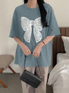 Fluttering into Summer: Women's Butterfly Printed T-Shirt with Bow Tie Decoration