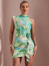 Summer Vibes: Tie-Dye Printed Irregular Shoulder Dress with 3D Flower Decoration