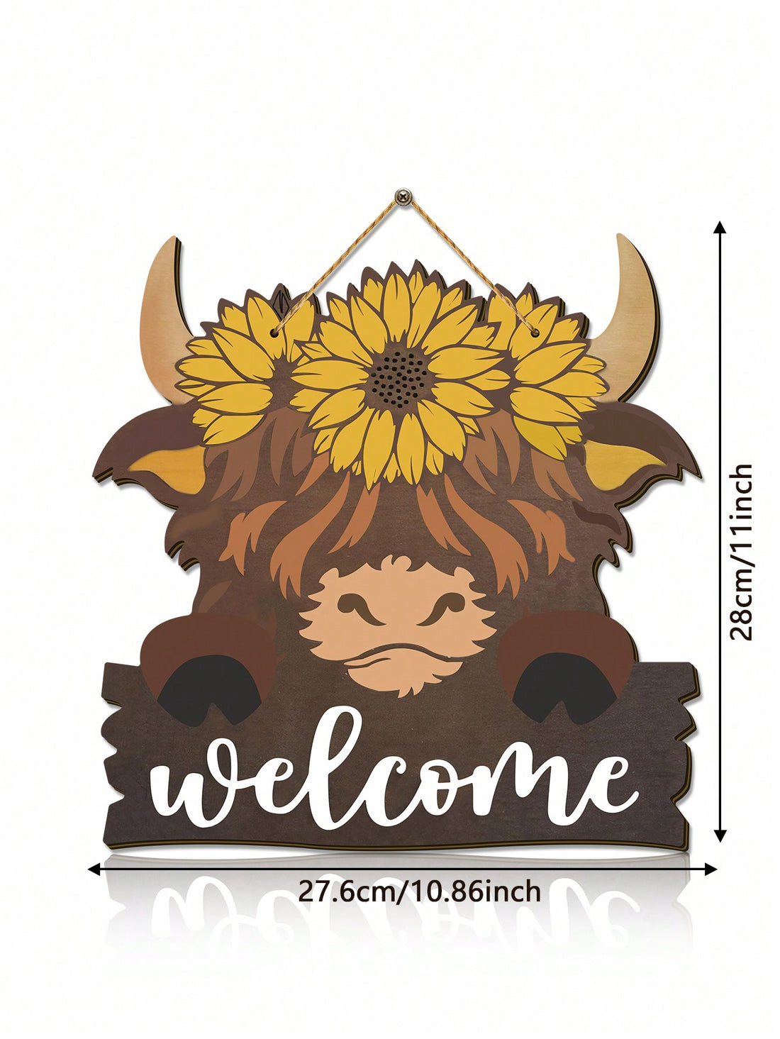 This Farmhouse Welcome Hanging Sign features a charming cow head design, adding country charm to your home decor. Made of durable materials, it's built to last and bring a touch of warmth to any room. Welcome guests with a touch of rustic elegance.