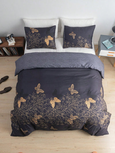 Golden Butterfly Dreams: 3-Piece Polyester Pillowcase & Duvet Cover Set for Bedroom Decor