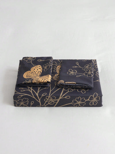 Golden Butterfly Dreams: 3-Piece Polyester Pillowcase & Duvet Cover Set for Bedroom Decor