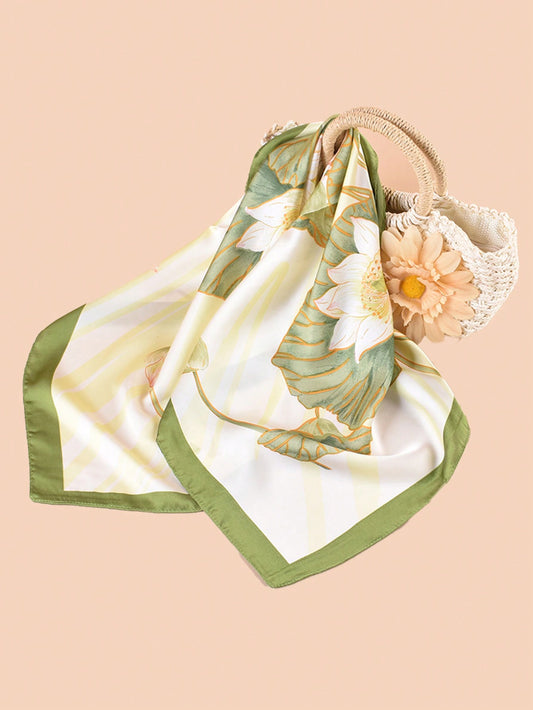Stylish Bandana Style Silk Scarf with Retro Lotus Flower Print - Perfect for Neck, Head, and Sun Protection