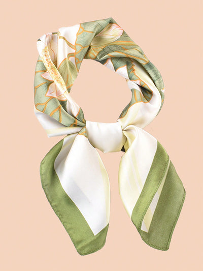 Stylish Bandana Style Silk Scarf with Retro Lotus Flower Print - Perfect for Neck, Head, and Sun Protection