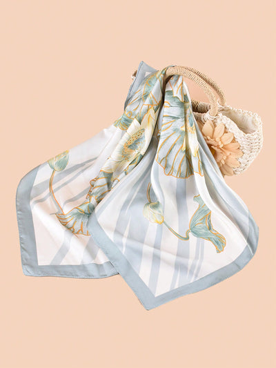 Stylish Bandana Style Silk Scarf with Retro Lotus Flower Print - Perfect for Neck, Head, and Sun Protection