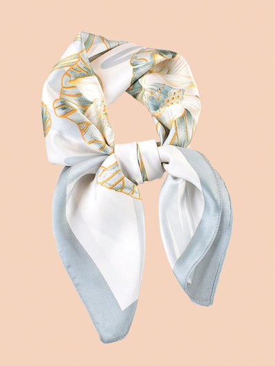 Stylish Bandana Style Silk Scarf with Retro Lotus Flower Print - Perfect for Neck, Head, and Sun Protection