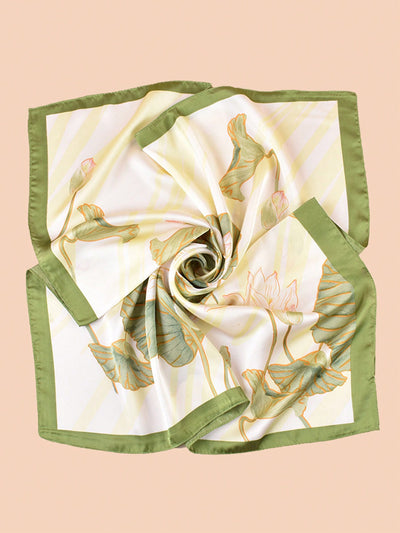 Stylish Bandana Style Silk Scarf with Retro Lotus Flower Print - Perfect for Neck, Head, and Sun Protection