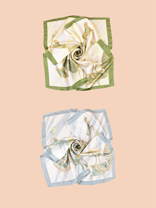 This stylish bandana style silk scarf features a retro lotus flower print, perfect for adding a touch of elegance to your outfit. Its versatile design allows for wear on the neck, head, or as sun protection. Made with high-quality silk, providing a luxurious feel and comfortable fit.