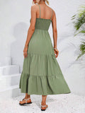 Back view sage green smocked tiered maxi sundress with adjustable straps