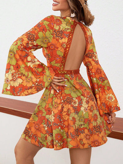 Vintage V-Neck Printed Dress with Bell Sleeves - Perfect Getaway Style