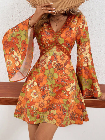 Vintage V-Neck Printed Dress with Bell Sleeves - Perfect Getaway Style