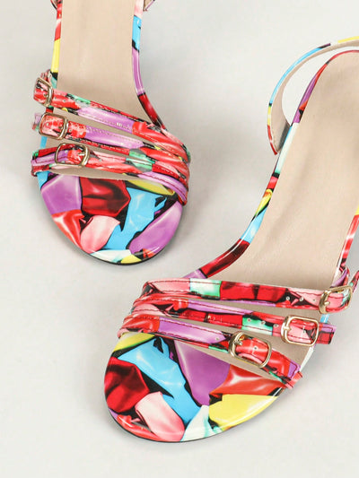 Summer Chic: Multistrap Buckle High-Heeled Sandals in Random Color Pattern