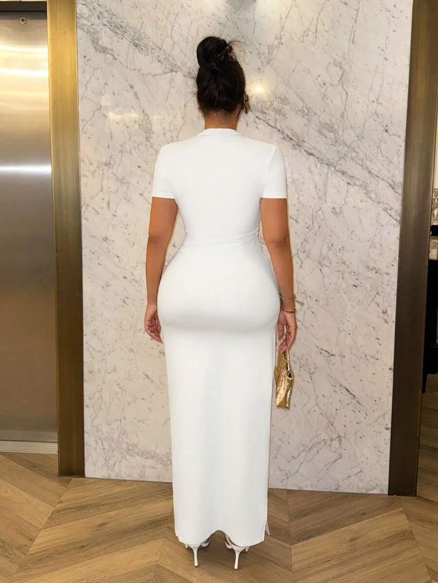White short sleeve bodycon maxi dress with keyhole neckline and ruched skirt front view