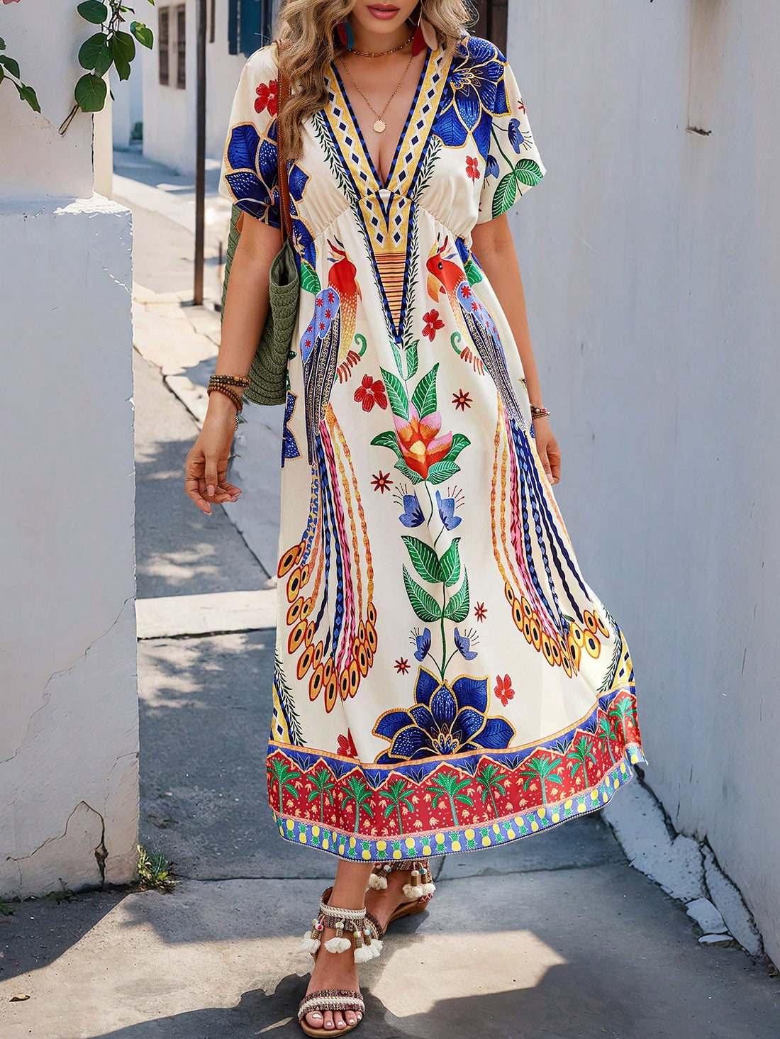 Introducing the Floral Elegance Maxi Dress - the perfect choice for your effortless vacation style. With its v-neck and batwing sleeves, this dress exudes elegance and comfort. The beautiful floral pattern adds a touch of chic to any vacation look.