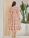 Summer Garden Party Dress: Floral Print Square Neck Short Puff Sleeve Ruffle Hem Dress